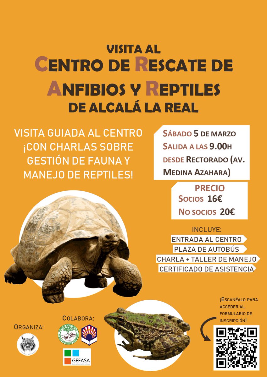 ¡Buenas tardes! Hoy traemos un anuncio muy interesante. Organizamos una excursión al Centro de Rescate de Anfibios y Reptiles de Alcalá la Real. Por solo 16€ socios y 20€ no socios incluimos la entrada, la plaza de autobús, dos charlas y el certificado.
¡El día 5 DE MARZO! 🐢🐸