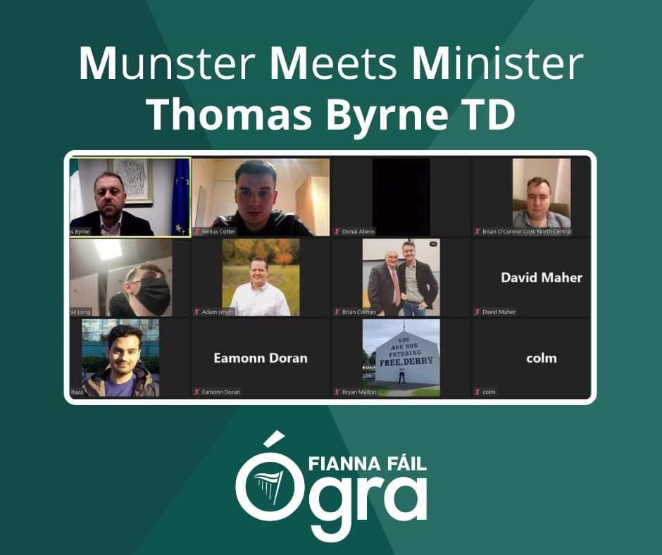 ⚡️Munster Meets Minister with Thomas Byrne⚡️

Thanks to Thomas Byrne TD - Minister for European Affairs - for meeting with Ógra Fianna Fáil to discuss the Future of Europe, EU recovery response, Ukraine, &amp; much more. 

Thanks to Nelius Cotter for chairing👏

<a href="/ThomasByrneTD/">Thomas Byrne</a>