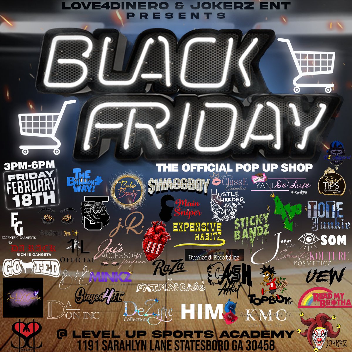 JokerzEnt_'s tweet photo. BLACK FRIDAY!🛒

THE BIGGEST POP UP SHOP FOR BLACK OWNED BUSINESSES! 

TODAY FROM 3PM-6PM‼️

PRESENTED BY @JokerzEnt_ &amp; @Love4Dinero_ ❤️‍🔥

1191 SARAHLYN LANE STATESBORO GA 📍

#SouthernNotState #GSU #blackhistorymonth #BlackOwnedBusiness https://t.co/eYB3Imksg9