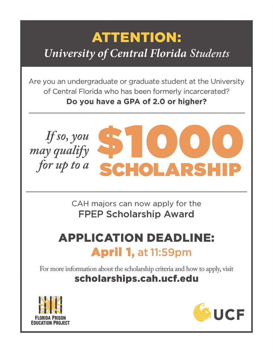 Watson74K's tweet image. Are you a current UCF student who has been impacted by the criminal justice system? Apply today! #GoKnights #UCF #FPEP