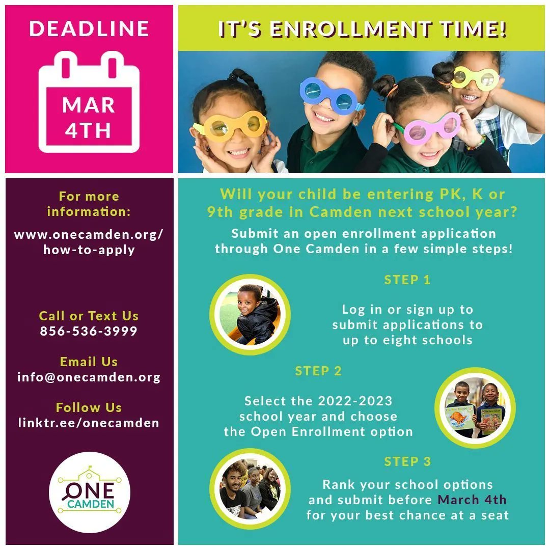 one_camden's tweet photo. Parents with students entering grades PK, K and 9th in the SY 2022-23 can apply now through Mar 4th! 

14 DAYS LEFT TO COMPLETE!

Visit: https://t.co/FcVqDD3bIU

For support, contact your school or feel free to contact us.

Call/Text: 856-536-3999
Email: info@onecamden.org https://t.co/Wb9Np9wUgv