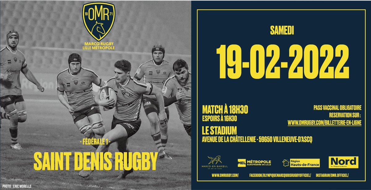 OMRofficiel's tweet photo. Venez assister à la rencontre OMR - SAINT DENIS, ce samedi 19 février au @StadiumLM !
👉 Réservez votre billet sur : https://t.co/tGISt4bRH7
#rugby #lille #federale1 #omr #omrlm https://t.co/AaWxSSkfWE