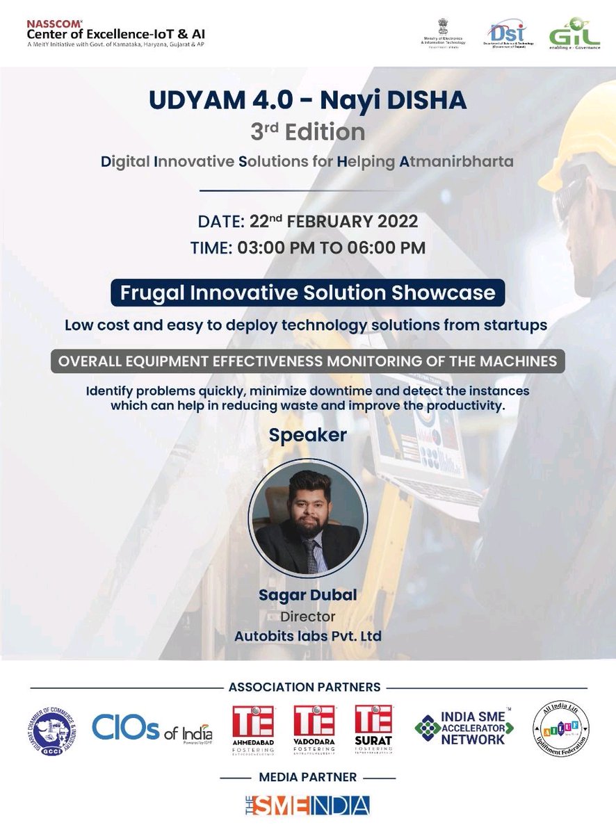 Catch Mr. Sagar Dubal, Director of Autobits Labs Private Limited
 showcasing their innovative solution on 'Overall Equipment Effectiveness Monitoring of the Machines," only at Udyam-3.
Register Now: lnkd.in/gKqKu-rP