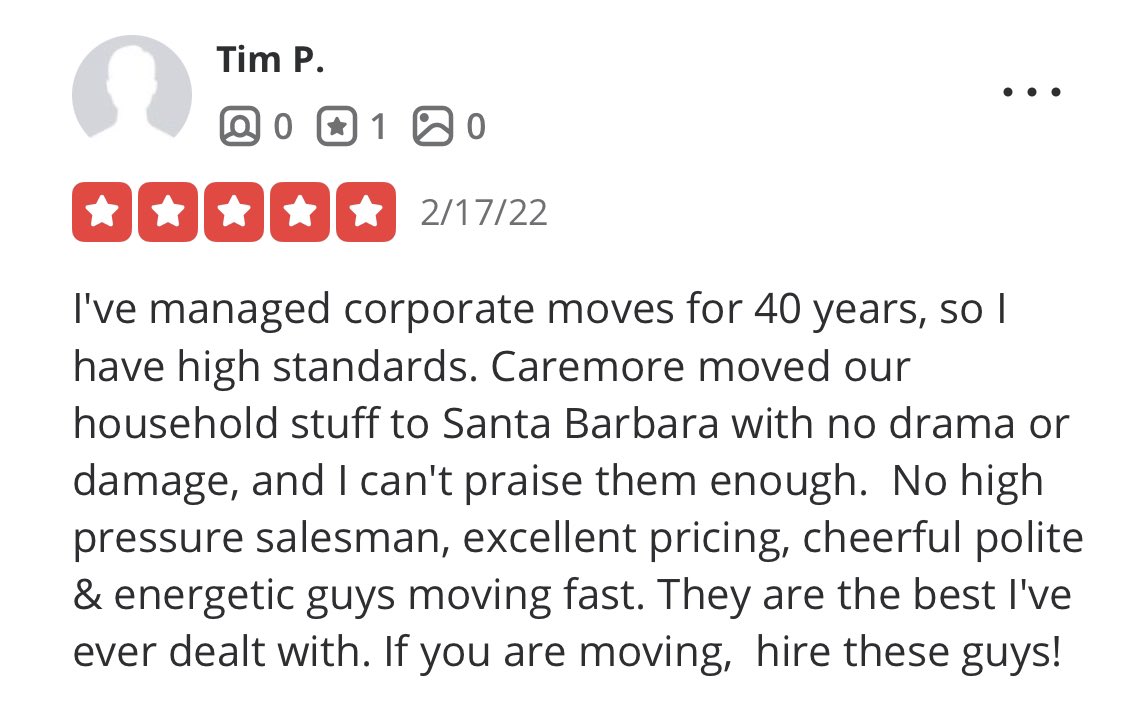 CaremoreMoving's tweet photo. Thank you for the great review Tim we really appreciate it. We hope you are enjoying your new home in Santa Barbara https://t.co/An4RNKpMk5