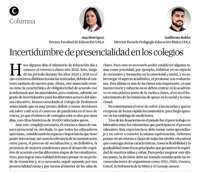 UDLAChile (@udla_cl) on Twitter photo 📰#UDLAenLosMedios El Diario de Atacama publica columna de opinión de <a href="/AnaHenriquez/">Ana Henríquez</a>, Decana de @FeduUDLA, junto con el Director de la Escuela de #Pedagogía en #Educación Básica, Guillermo Robles, sobre la importancia de la presencialidad en los colegios: bit.ly/3oVpW2g 📰#UDLAenLosMedios El Diario de Atacama publica columna de opinión de <a href="/AnaHenriquez/">Ana Henríquez</a>, Decana de @FeduUDLA, junto con el Director de la Escuela de #Pedagogía en #Educación Básica, Guillermo Robles, sobre la importancia de la presencialidad en los colegios: bit.ly/3oVpW2g