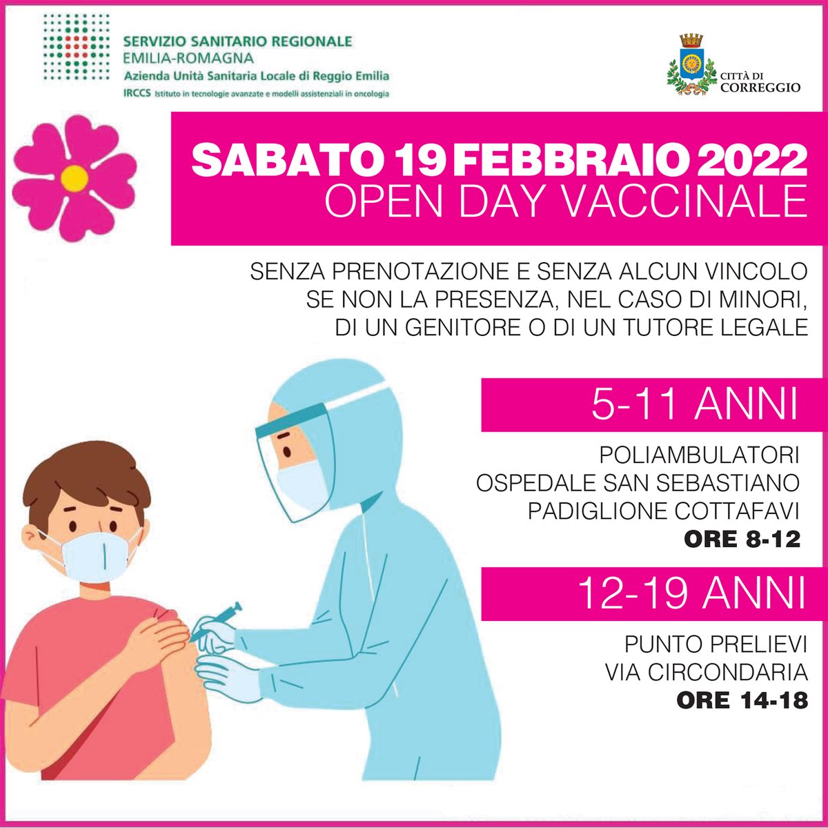 ComuneCorreggio's tweet photo. 📌 OPEN DAY VACCINAZIONI 
Domani - sabato 19 febbraio - #openday vaccinale per prime dosi per bimbi 5-11 anni e prime e terze dosi (terza dose somministrata solo se sono trascorsi almeno 120 giorni dalla guarigione o dalla seconda o dose unica J&amp;J) per i ragazzi 12-19 anni. https://t.co/3axWOihFP3