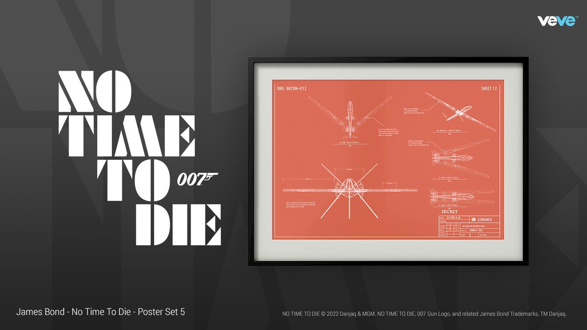 veve_official's tweet photo. The next piece in the #NoTimeToDie poster series depicts the detailed schematics for the stealth glider designed by Q, which @007 and Nomi use to infiltrate Safin's lair.

Drops Sun, 20 Feb at 8 AM PT https://t.co/EYL5uSVKVK