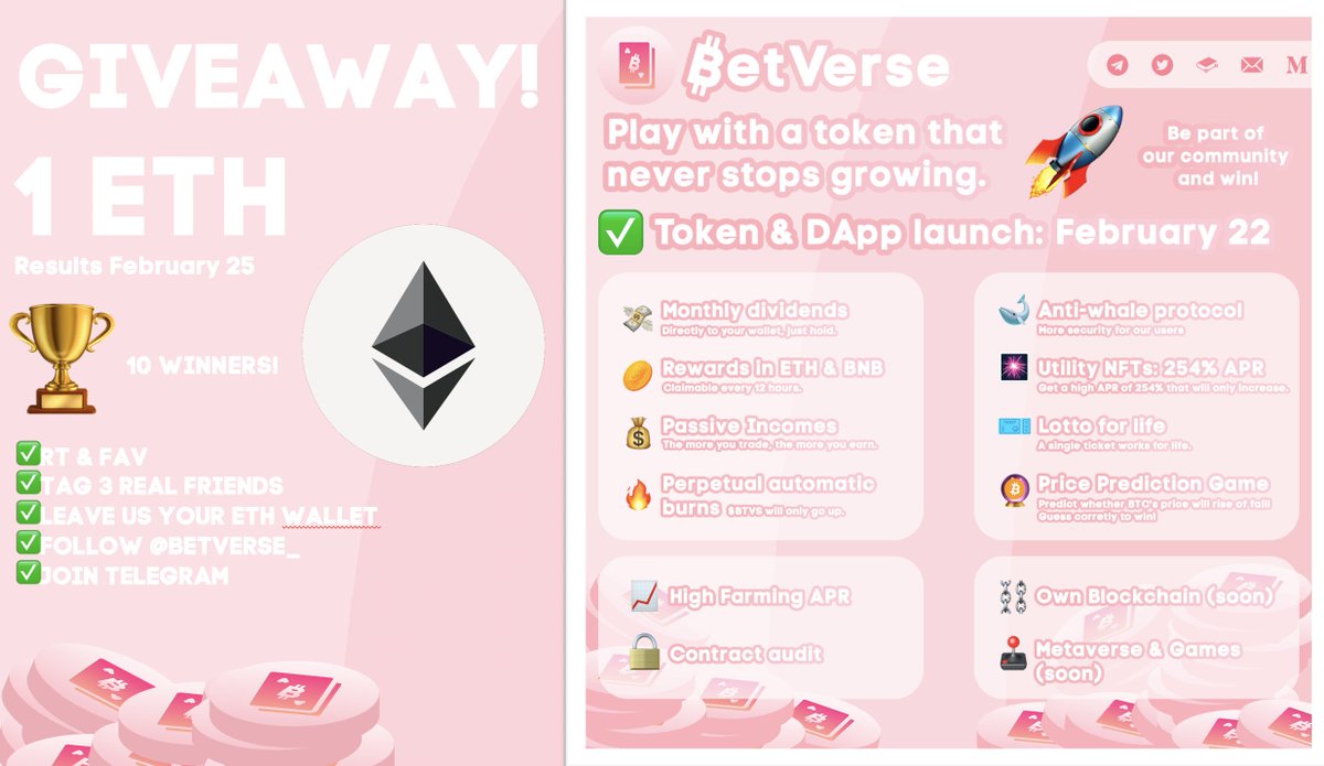 BetVerse_'s tweet photo. #Giveaway @BetVerse_ 
1 $ETH for 10 Participants

✅ RT &amp; FAV
✅ Follow @BetVerse_ 
✅ Join Telegram https://t.co/TQGvcVL177
✅ Tag 3 Friends

📝 Fill In Your #ETH Address In The Comments

🗓️End Feb 25

#Airdrop #BSC #PlayToEarn #GameFi #Giveaway #NFTGiveaway #NFTCollection #ETH https://t.co/9SkqdWHPK9