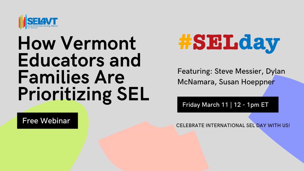Nick Woolf (@nickwoolf_vt) on Twitter photo Celebrate International #SELday with a webinar from <a href="/SEL4VT/">SEL4VT</a>!
"How Vermont Educators & Families Are Prioritizing SEL" will feature <a href="/messier_steve/">Steve Messier</a> (Director of Student Affairs <a href="/MVULearning/">Missisquoi Valley</a>) + Dylan McNamara (Director of SEL <a href="/EssexWestford/">Essex Westford SD</a>).
Register👉zoom.us/webinar/regist… #vted Celebrate International #SELday with a webinar from <a href="/SEL4VT/">SEL4VT</a>!
"How Vermont Educators & Families Are Prioritizing SEL" will feature <a href="/messier_steve/">Steve Messier</a> (Director of Student Affairs <a href="/MVULearning/">Missisquoi Valley</a>) + Dylan McNamara (Director of SEL <a href="/EssexWestford/">Essex Westford SD</a>).
Register👉zoom.us/webinar/regist… #vted