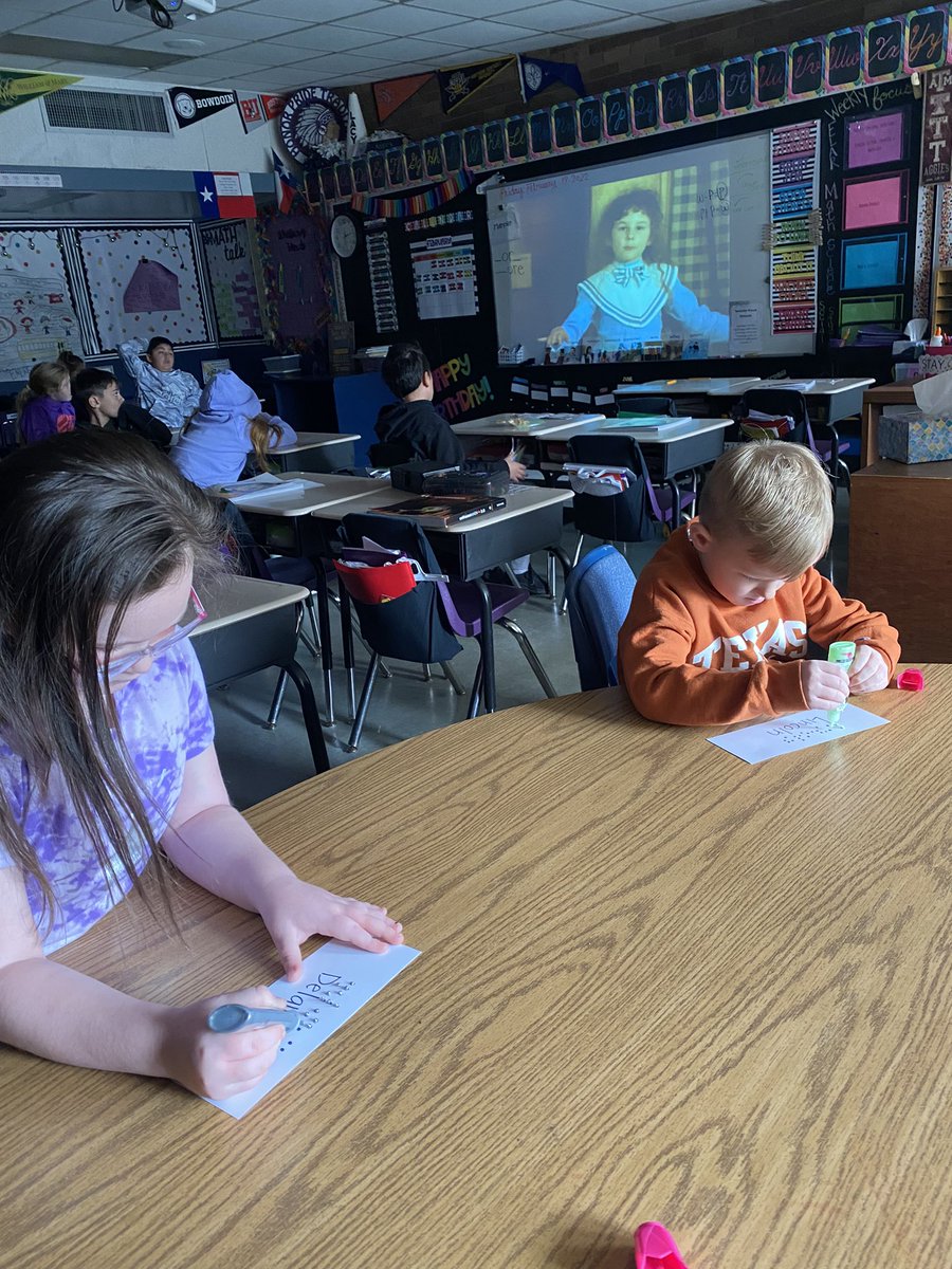 MrsElamPNG's tweet photo. Our class is diving into biographies for the next few weeks. Starting out with the story of Helen Keller. A beautiful life story & lesson on perseverance. Here we are making our names in Braille. #pngproud #rwlearns https://t.co/bs4to7b2TY