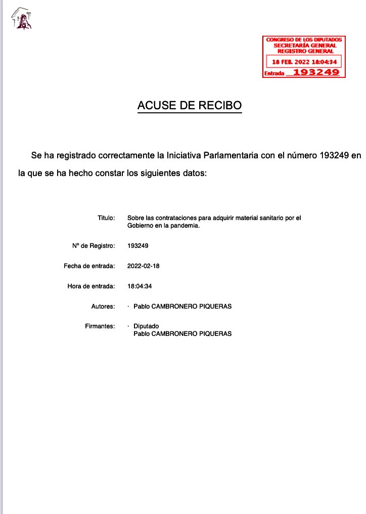 PabloCamPiq's tweet photo. 🔴Pido en el @Congreso_Es todos los contratos hechos por el Gobierno para adquisición de material sanitario durante la pandemia.

Con proveedores, intermediarios, empresas y montantes totales de cada adquisición.

Seguimos con el control de lo público… https://t.co/26Ei5gtlht