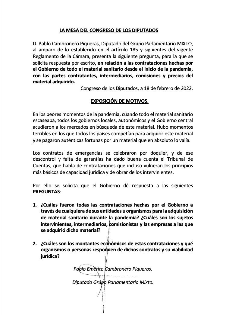 PabloCamPiq's tweet photo. 🔴Pido en el @Congreso_Es todos los contratos hechos por el Gobierno para adquisición de material sanitario durante la pandemia.

Con proveedores, intermediarios, empresas y montantes totales de cada adquisición.

Seguimos con el control de lo público… https://t.co/26Ei5gtlht