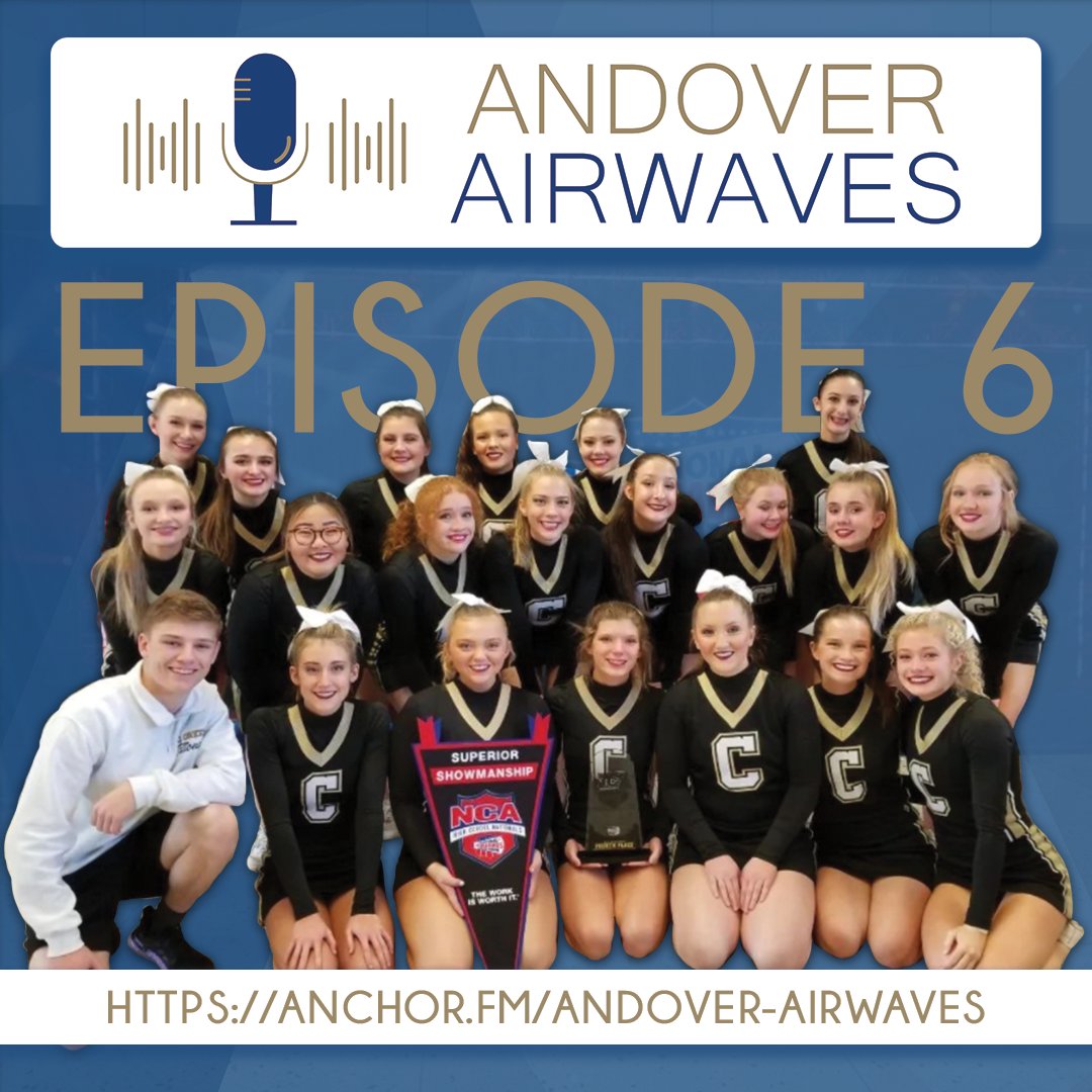 AndoverSchools's tweet photo. Check out the newest episode of the Andover Airwaves podcast! We talked with @ACcheerupdates seniors Cheyenne Brannan &amp; Kailey Zwiener, &amp; coach Desirae Moreno, about their fourth-place finish in the @NCAupdates competition. LISTEN HERE: https://t.co/WPZGS9TPu3 https://t.co/FbMaIlmaZ7