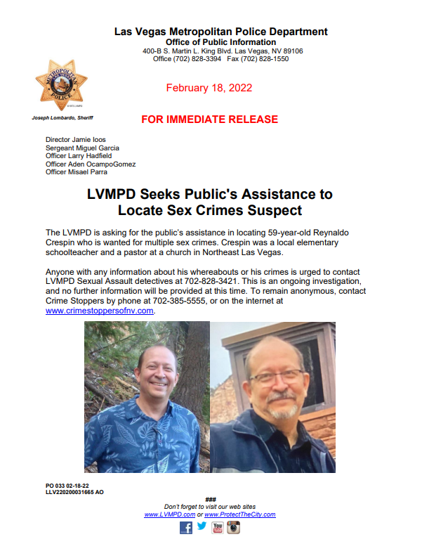 LVMPD's tweet photo. Help us locate 59-year-old Reynaldo Crespin who is wanted for multiple sex crimes. Crespin was a local  schoolteacher &amp; pastor at a church in Northeast Las Vegas. 

Anyone with info is urge to call 702-828-3421. To remain anonymous, contact @CrimeStoppersNV 
 at 702-385-5555. https://t.co/nMGVa53hq4