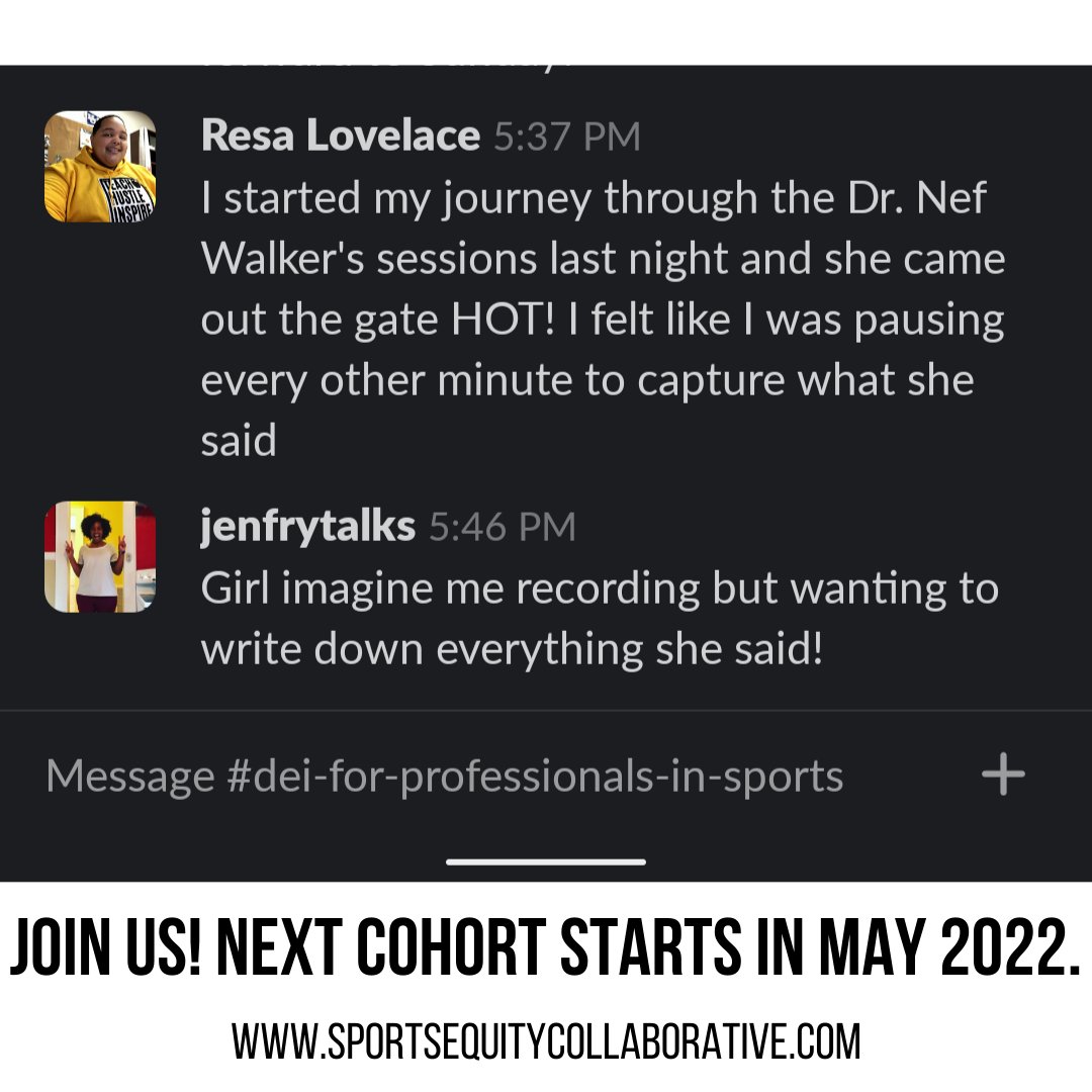sportsequityco's tweet photo. We're wrapping up Module 1 on Organizational Culture with @NefWalker this week. We couldn't agree more with what @RBLTheory09 shared in our Slack channel. Y'all -- so many gems!

You can sign up for the waitlist for the May 2022 cohort at our website. https://t.co/N9k3YSPdL7