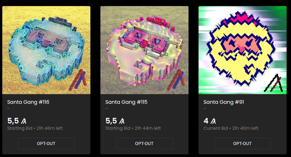 SantaGangalg's tweet image. 1 of the 3 Santas at auction has been bid !! 🎅

There are still the 2 Santas in 3D in starting bid at 5.5 $Algo ❤️. Let&apos;s go Santa Gang !💕

algoxnft.com/listing/11487
algoxnft.com/listing/11486

#Algorand #ALGO #AlgoNFT #ALGONFTs