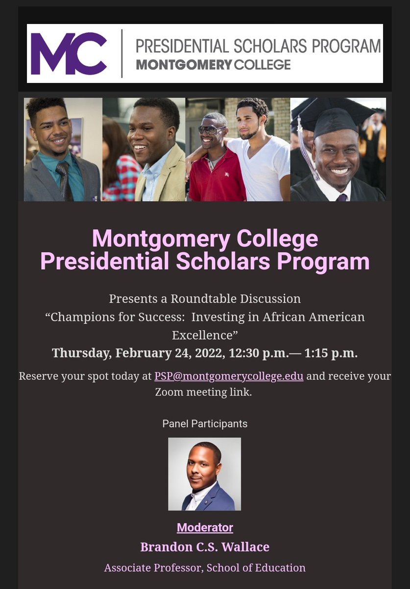 Excited to share current research & narratives to have an apropos conversation about the state of Black male education, specifically in community college spaces! Join me and some AMAZING panelists as we reveal, uncover, and share solutions for students. #ProfBCSW @montgomerycoll