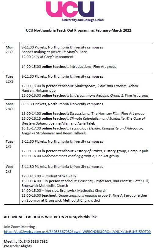 UCUNUbranch's tweet photo. Join us at the picket lines and then outside the marketised space of #highereducation at our off- and on-line #TeachOuts with a programme that celebrates our #FourFights https://t.co/GUF28BntRR