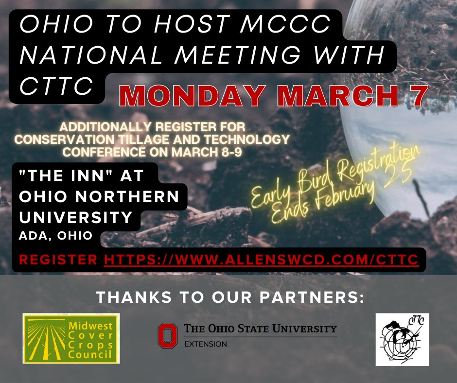 CoverCropsMCCC's tweet photo. Registration prices for our annual meeting increase after February 25th...THATS 1 WEEK AWAY! Register to attend our annual meeting in person and if thats not enough stay for the Conservation Tillage & Technology Conference on March 8&9th!
#CoverCropsWork
https://t.co/ZZqESUx3ex https://t.co/8PNEo7wmOU
