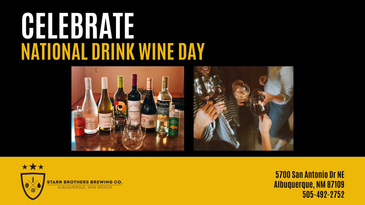 Celebrate National Drink Wine Day with us. We not only have award-winning craft beer, but we have a great wine list &amp; cocktails too ! Come on by!  🎖🍻🍷🍸🍹🥃   #craftbeer #nmbreweries #abqbreweries #bestbreweryABQ  #ABQCraftBeer  #nationaldrinkwineday
starrbrothersbrewing.com