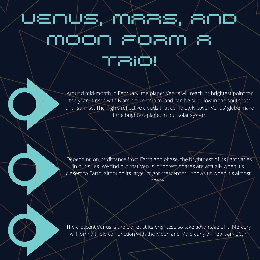 On February 26, a trio will form with the Moon, Venus, and Mars in the southeastern sky! Swipe for more information! 

#astronomy #space #nasa #universe #sun #constellations #star #stars #telescope #sun #photography #astronomy #space #nasa #universe #sun #constellations #star