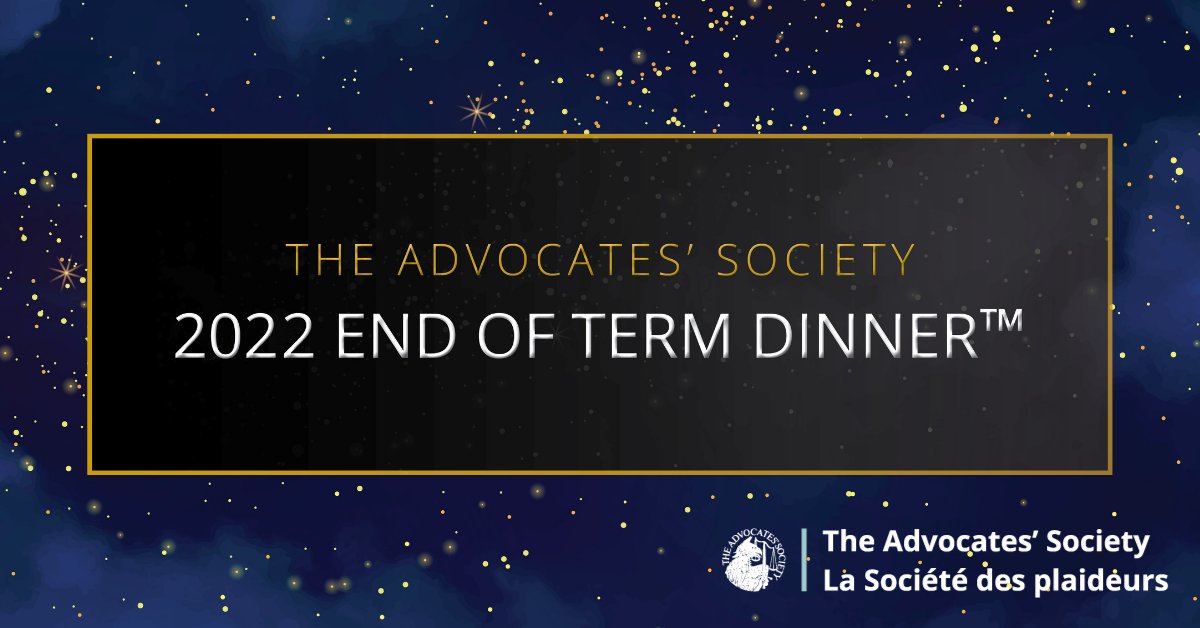 Advocates_Soc's tweet photo. End of Term Dinner is back! Save the date for #EOT2022 on June 23 at the Royal York Hotel ft. Keynote Speaker The Hon. Justice Mahmud Jamal of the Supreme Court of Canada. Registration opens February 28! #EOT2022 is a member-only event. #ByAdvocates4Advocates https://t.co/Jb6lBz34Hj