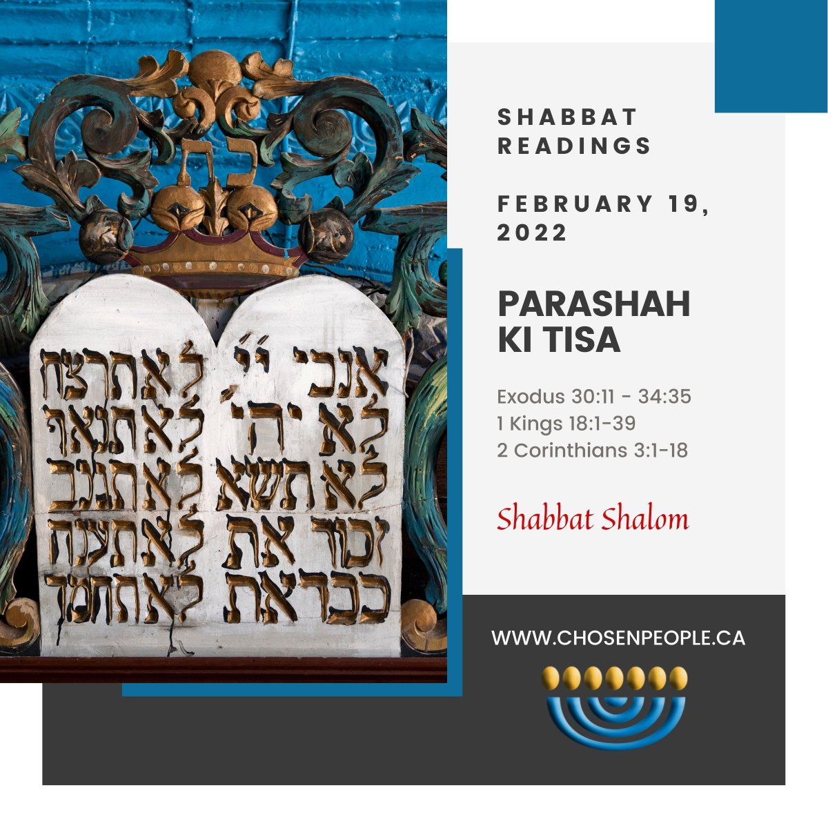 ChosenPeopleCA's tweet photo. This Shabbat's Parashah (Scripture Portion) is called Ki Tisa (When You Take). Shabbat Shalom!
#shabbatshalom #parashah #kitisa #whenyoutake https://t.co/MsJ1dez21V