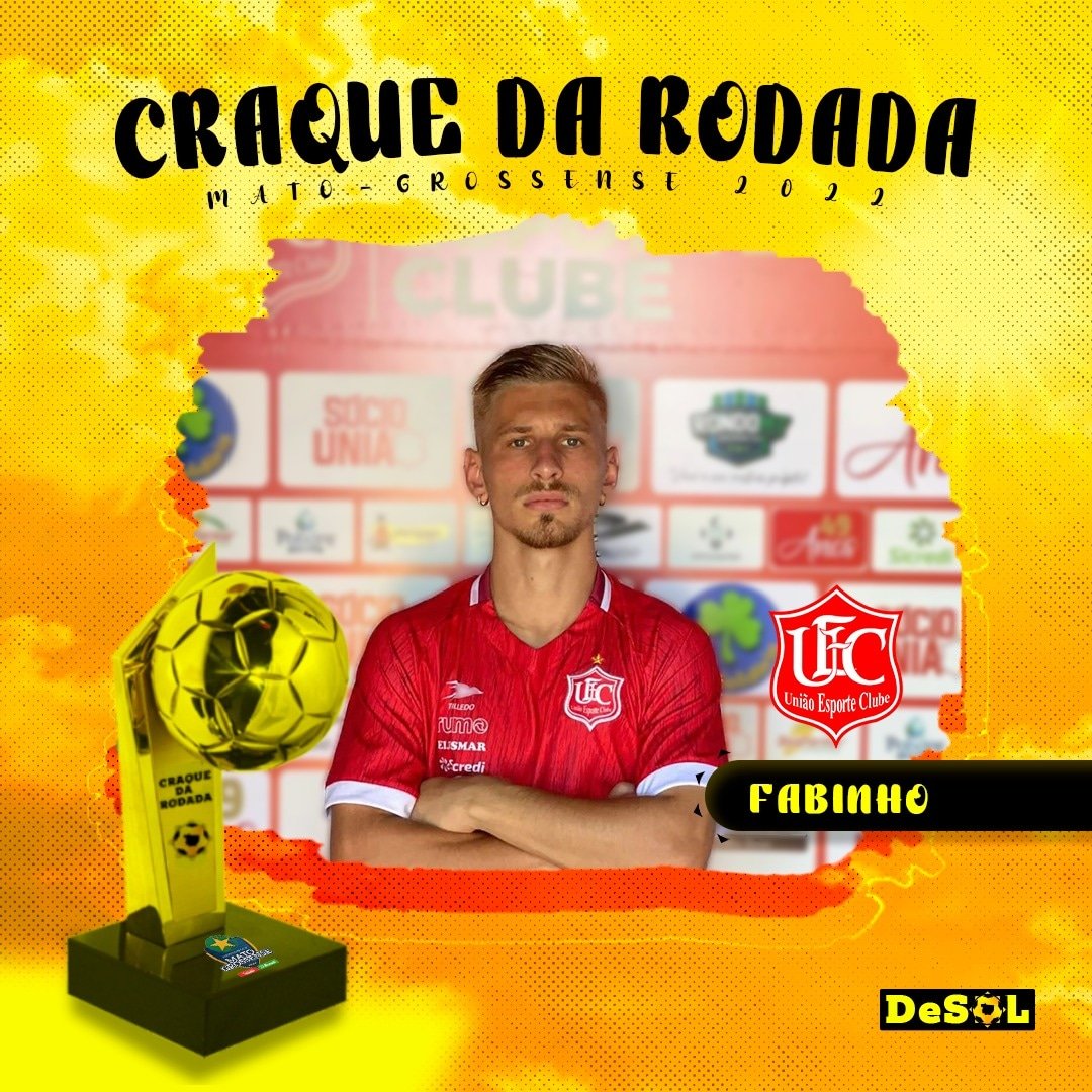 DeSolmt's tweet photo. FABINHO ESTÁ ELEITO O CRAQUE DA OITAVA RODADA 🔥☀️
Jogador do @uniaoec1973 fez uma grande atuação no jogo contra o Ação, na última quarta, em Rondonópolis.
#uniaoec #desolmt #craquedarodada https://t.co/TqgGXSmkM4