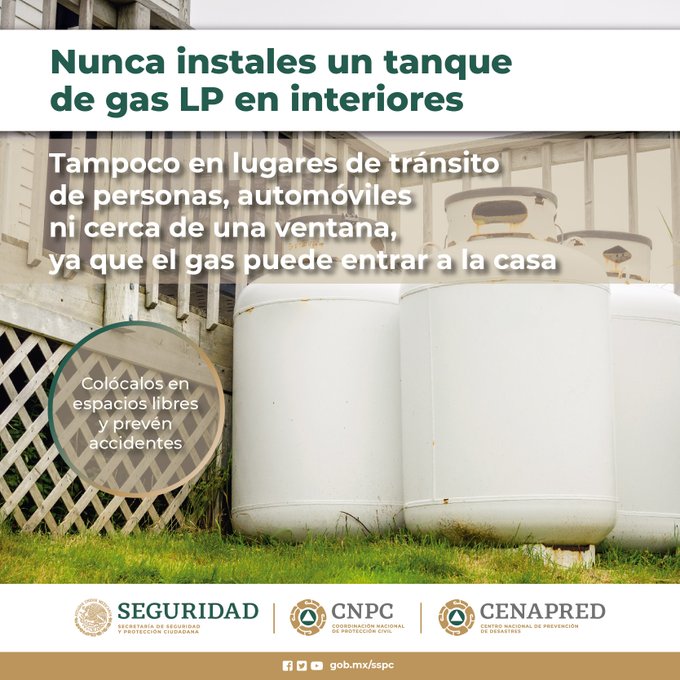 Nunca instales tanques de Gas LP en interiores, ni en lugares de tránsito o cerca de ventanas. #CuidaTuSalud y reporta cualquier fuga.