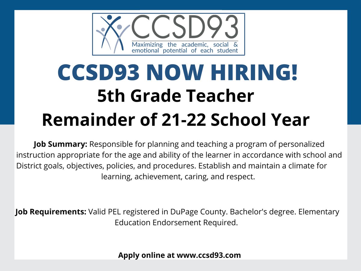 CCSD93 has an immediate opening for a 5th grade teacher for the remainder of the 2021-2022 school year. Please see the attached flyer for details and encourage eligible candidates to apply @  ccsd93.com 
<a href="/CCSD93/">CCSD93</a>
  #ProudToBeD93