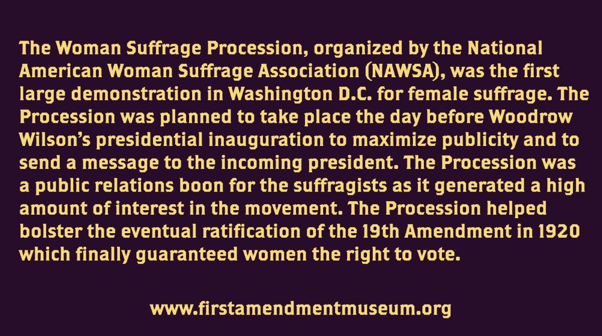 1stAmendmntMus's tweet photo. #OTD, between 5,000 - 10,000  suffragists marched on Pennsylvania Avenue in Washington D.C. to make their voices heard.

#Suffrage #OnThisDay #WomanSuffrageProcession https://t.co/BUGK5qejse