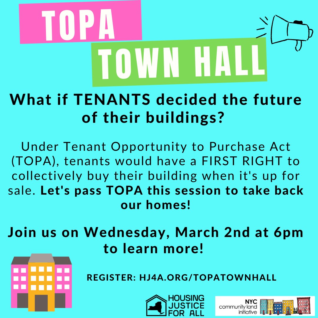 We're fighting for NYS Tenant Opportunity to Purchase #TOPA to fight the root causes of evictions by expanding tenant and community ownership. Join <a href="/NYCCLI/">NYCCLI</a> and @housing4allNY for a Town Hall next week to learn more about the bill and build power to pass #TOPA this session!