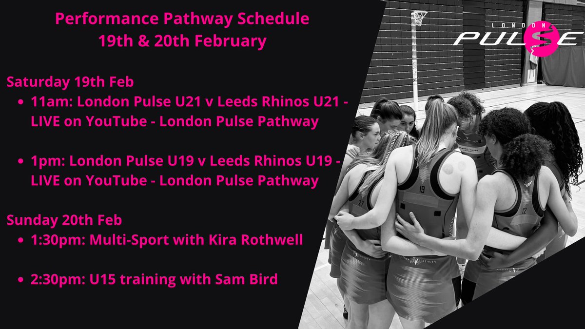 A busy weekend ahead for our pathway...

And you can catch tomorrow's U19 &amp; U21 NPL matches v <a href="/RhinosNetballSL/">NIC Leeds Rhinos Netball</a> live on our youtube channel

U21 - youtube.com/watch?v=8Z1VwC…

U19 - youtube.com/watch?v=DE3bqJ…

#PlayThePulseWay