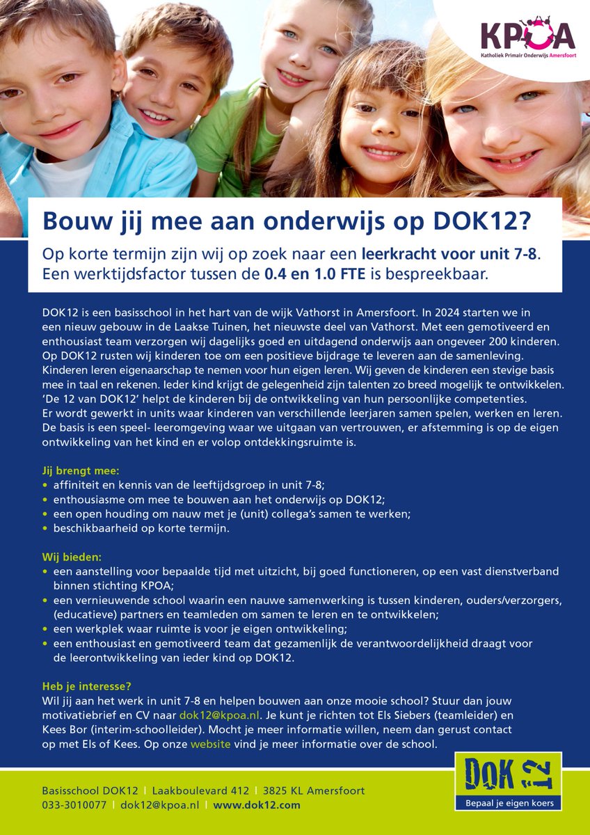 Bouw jij mee aan het onderwijs op DOK12? Benieuwd naar de mogelijkheden? Neem dan contact op.  #onderwijsvacature #033 <a href="/InfoKpoa/">InfoKPOA</a> (Delen wordt gewaardeerd)