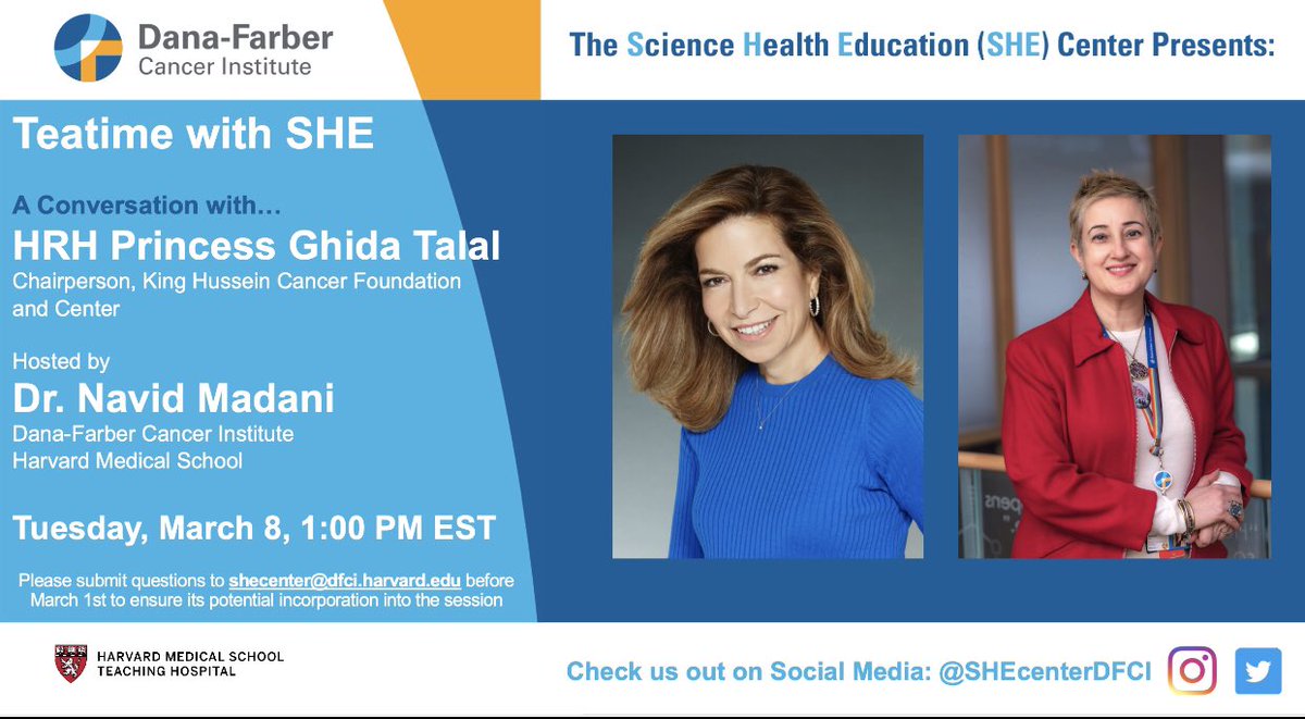 SHECenterDFCI's tweet photo. Join us on March 8th for #InternationalWomensDay featuring a conversation with HRH Princess Ghida Talal on #WomensHealth, #Leadership, and Engagement in #MENA.

Register and submit questions with the link: https://t.co/Xp2lYeSQv7 https://t.co/4oUx9LeBVW