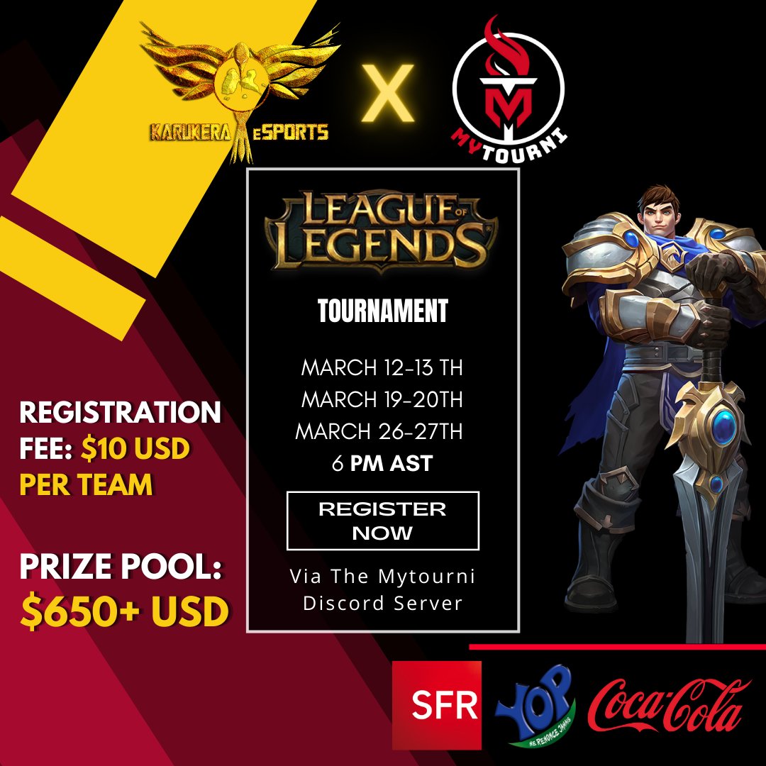 🏆League of legends Caribbean Cup
by Karukera eSports &amp; Mytourni

Hosted by Mytourni
💥Register now!!!
🌐Server: NA
🗓Date: 3 weekends
 Mar 12-13th (week 1)
 Mar 19-20th (week 2)
 Mar 26-27th (week 3)
🎫Entrance Fee: $10.00 USD per team 
💰Prize Pool: up to $650.00+ USD