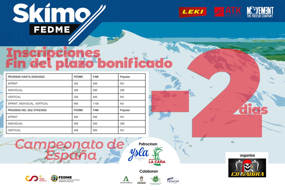 skimoSNrace's tweet photo. 💥 2 días para cerrar el primer tramo de inscripción! 💥
💻  → https://t.co/LYySGAs2fP
💪💪 + 200 hectáreas esquiables, para diseñar los Campeonatos de España

@deportegob @fedme_es @cd_sabika @cetursa @piononosantafe @GrupoLCA @fedamon @EducaAnd 
#skimo #skimosierranevada https://t.co/ISeKeupE0b