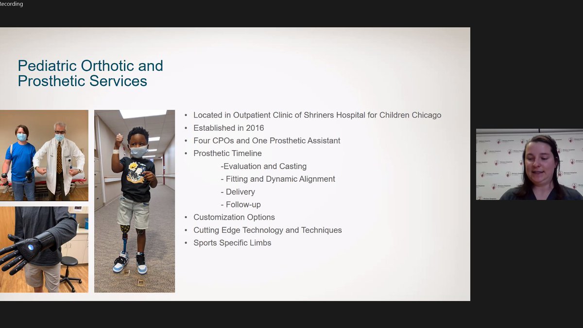 ShrinersChicago's tweet image. Virtual Grand Rounds: The Limb Deficient Child. Certified prosthetist Lauren Kells explains services provided by POPS for @shrinerschicago patients who need prosthetic and orthotic services. #MedEd #limbdifferences #reconstructivesurgery #amputation #orthopedics