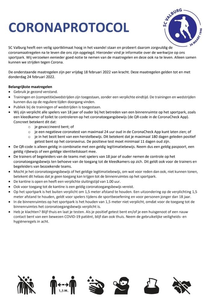 Het nieuwe coronaprotocol naar aanleiding van de persconferentie deze week scvalburg.nl/1/38/update-co…