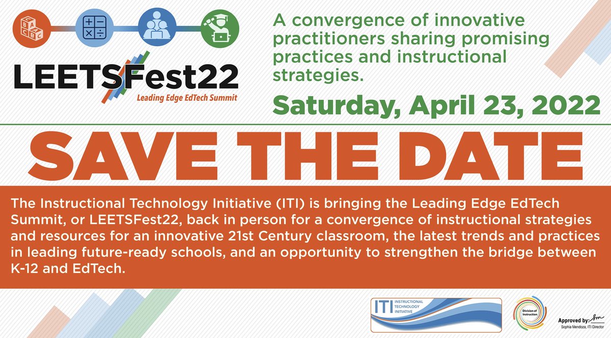 SAVE THE DATE! We are thrilled to announce our annual signature event Leading Edge Ed Tech Summit @LASchools! Join us for a day of learning w/ keynote speakers, workshops & networking activities on April 23. #LEETSFest22 #CS4LAUSD #DigCitLA Share flyer: bit.ly/3sLrfBQ