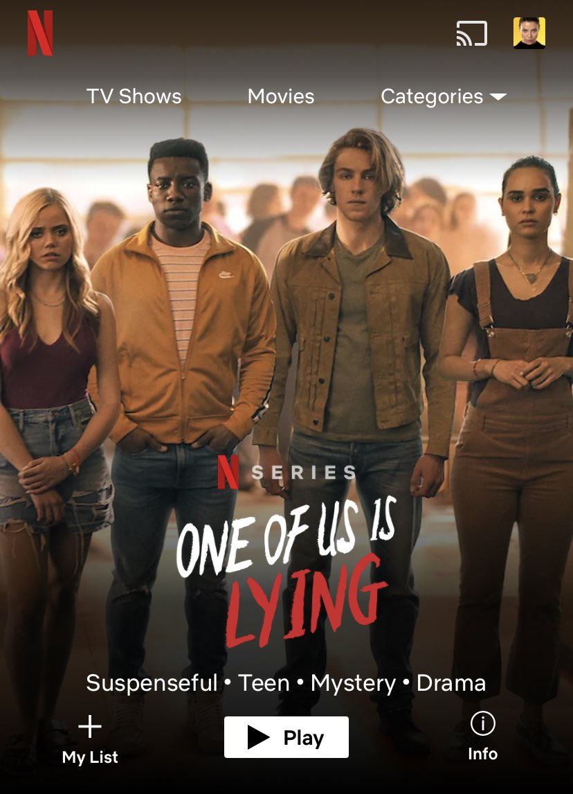 BooksUniversee's tweet photo. 📣 NOVEDAD

Ya esta disponible en Netflix la serie adaptación del libro de @writerkmc “One of us is Lying” https://t.co/rnirnRoS33