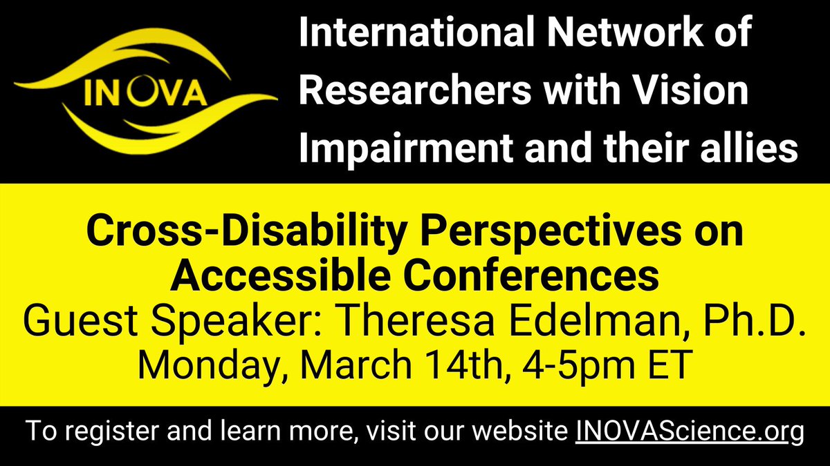 INOVA_Network's tweet photo. Join us at our next meeting on March 14th, 4-5pm ET! We are thrilled to welcome guest speaker Theresa Edelman to discuss accessible conferences with us. More details available at https://t.co/Cw8vIicH0g https://t.co/SLpJ22vcaf
