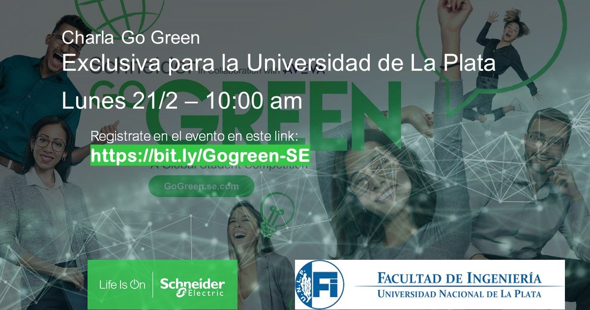 ing_unlp's tweet photo. Schneider Electric invita a una charla exclusiva para estudiantes de la Facultad de Ingeniería en la que dará detalles sobre la competencia Go Green 2022.  
Día: 21/ 02
Orador: Mariana Patron Costas à Talent Acquisition Specialist
Link de inscripción:  https://t.co/ZuoaM2QZ7B https://t.co/IvnBuguXp0