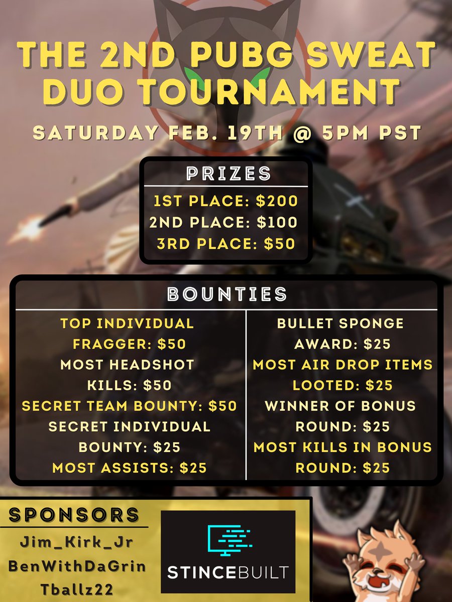 TOMORROW IS THE DAY. PUBG Sweat Duos.

$650 Prize Pool. 8x8s only. Super loot. Good circle settings. Placement prizes. Bounty prizes. Casted. 

Now featuring team names and team logos as well.

HYPE!