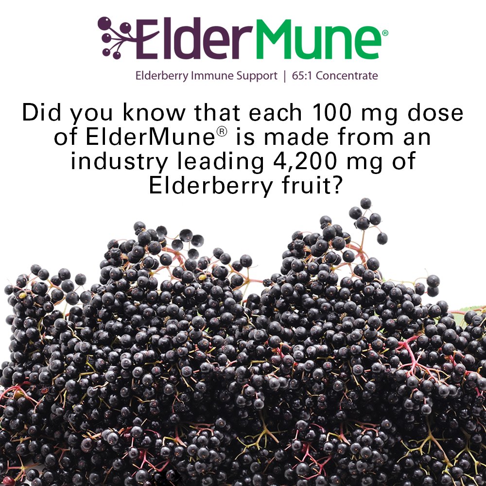 Elderberries are full of powerful antioxidants – polyphenols and anthocyanins -  that work to reduce free radicals and support the immune system. Each 100 mg dose of ElderMune® Concentrate 65:1 is made from 4,200 mg of Elderberry fruit! That’s a lot of immune-boosting power!