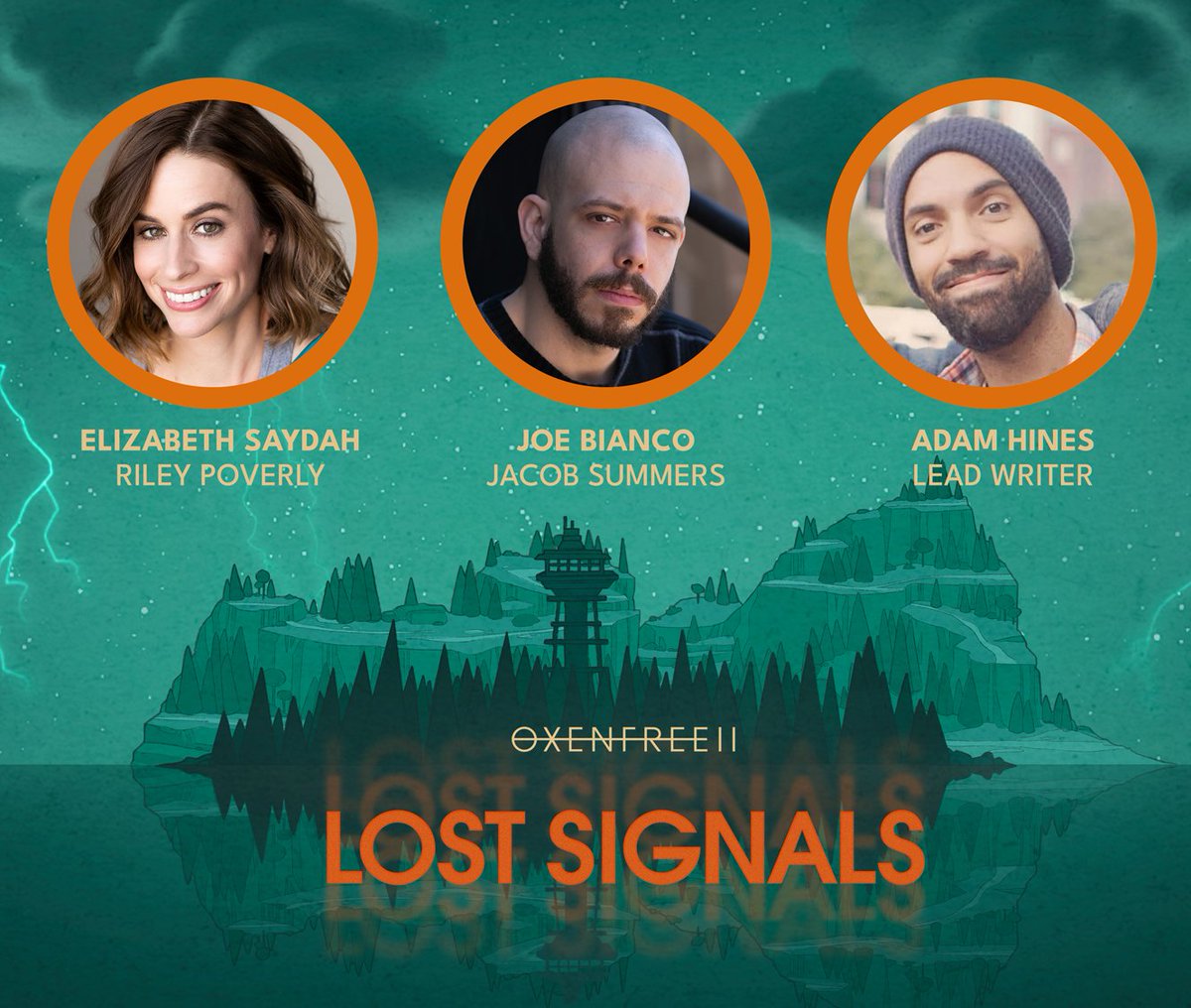 Headshots of voice actors Elizabeth Saydah as Riley Poverly, Joe Bianco as Jacob Summers and Adam Hines, lead writer. 