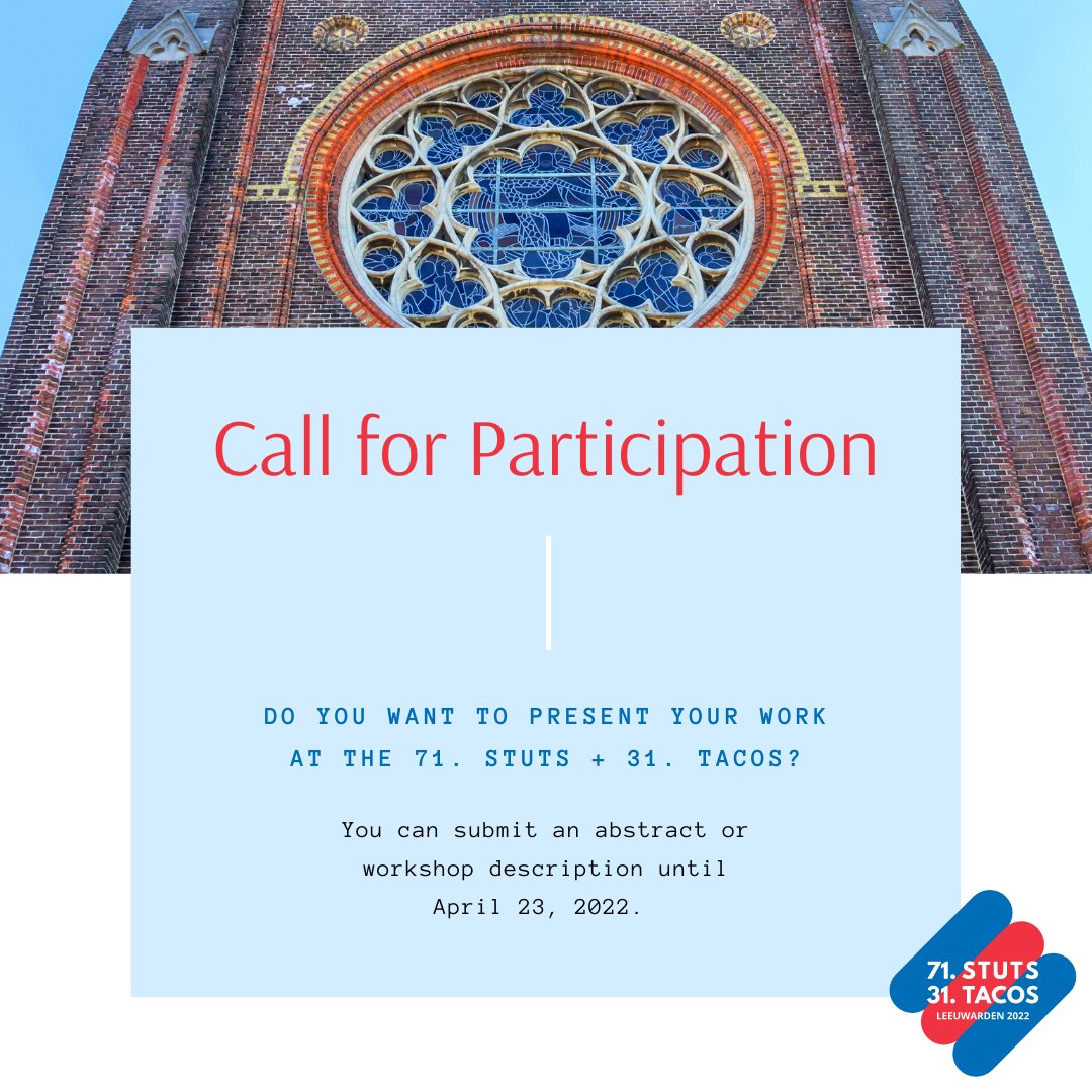⚠️ Don't forget! Our #CallforParticipation is open!

Do you want to hold a talk or #workshop or present a #poster on #linguistics at #StutS71 + #TaCoS31? 

Submit your abstract through 71.stuts.de/cfp/en/

We're certainly looking forward to it!