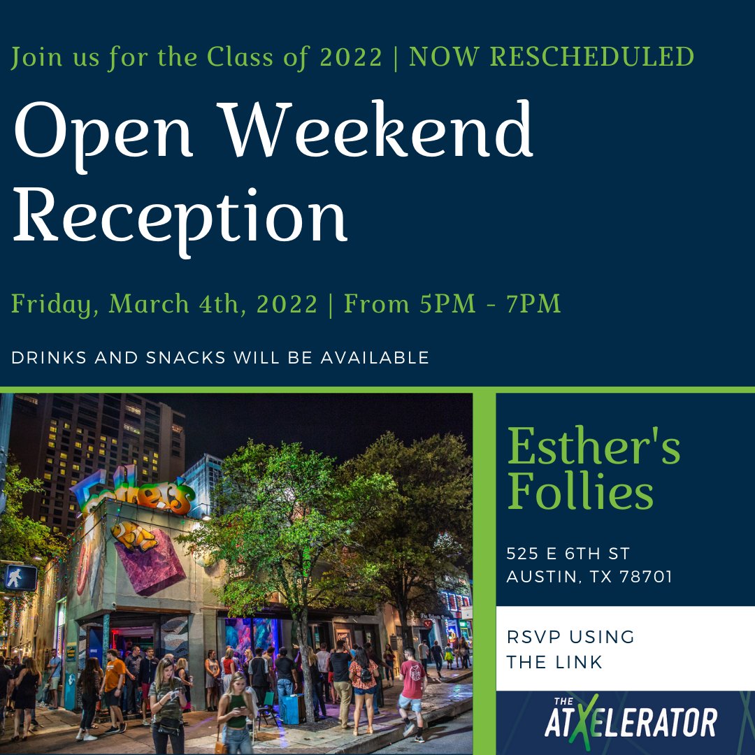 Join us on March 4th for the Opening Weekend Reception welcoming the 2022 cohort! RSVP using the link below. We hope to see you there!
|
share.hsforms.com/1-efJ0l_MSV6Ek…