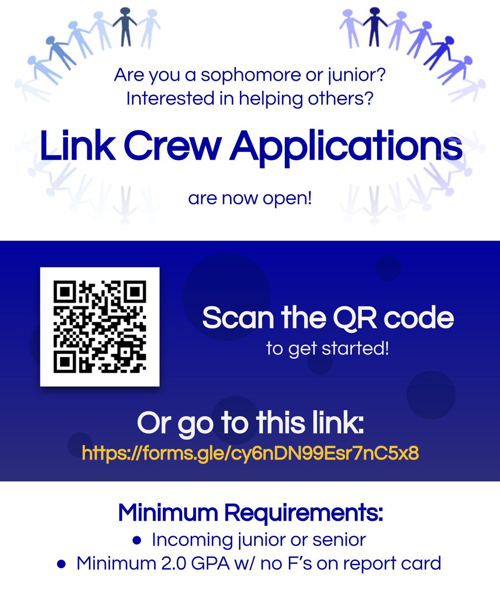 Are you a current 10th or 11th grade student? Do you enjoy helping out others? Then, apply to Link Crew! Applications are due TODAY!!!!!