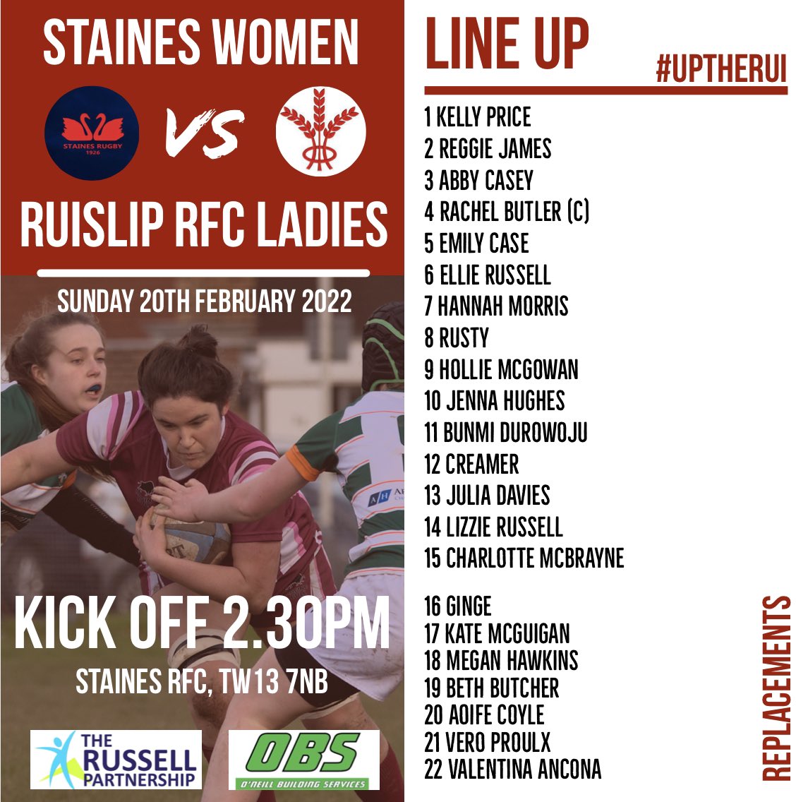 RRFC__Ladies's tweet photo. Here’s our line up as we face @staineswomenrfc this Sunday away! KO 2.30pm 💪🏻 

We will be retiring our No. 11 shirt for the game and joining in with a minute of applause in memory of Jack Jeffery from @eveshamrugbyxv . Our thoughts are with Jack’s family and friends ❤️ https://t.co/ZsYk8DL2zO